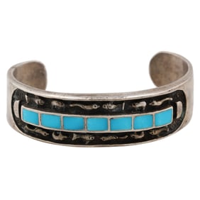 Vintage Navajo Sterling Turquoise Animal Cuff Bracelet