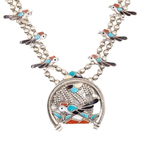 Allyn & Verna Zunie Zuni Sterling Roadrunner Inlay Squash Blossom Necklace