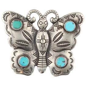 Vintage Navajo Stamped Sterling Turquoise Butterfly Brooch