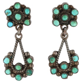 Vintage Zuni Sterling Snake Eye Turquoise Cluster Drop Earrings