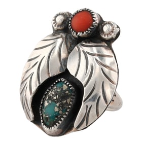 Vintage Navajo Sterling Turquoise Coral Ring Sz. 6