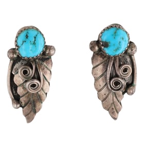 Signed Navajo Sterling Turquoise Leaf Earrings