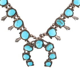 Vintage Navajo Sterling Morenci Turquoise Squash Blossom Necklace