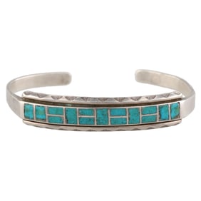 Vintage Navajo Sterling Turquoise Inlay Cuff Bracelet