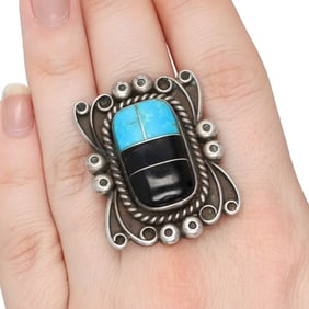 Vintage Navajo Sterling Multi Stone Inlay Ring Sz. 8.75