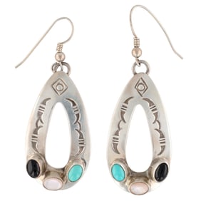Signed Navajo Sterling Multi Stone Drop Hook Earrings