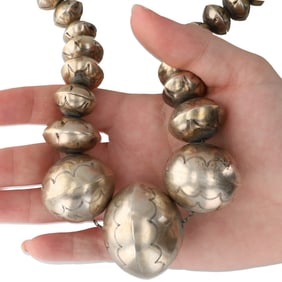 Huge Navajo Sterling Handmade Stamped Navajo Bead Necklace