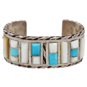 Vintage Zuni Sterling Multi Stone Raised Inlay Cuff Bracelet