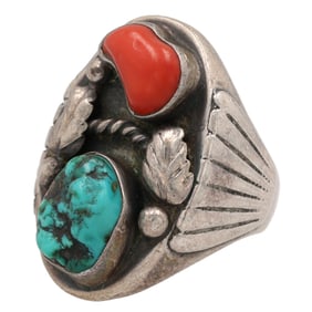 Vintage Navajo Sterling Coral Turquoise Mens Ring Sz. 11