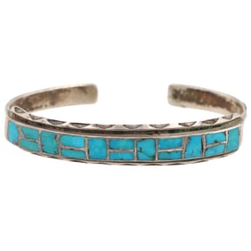 Vintage Navajo Sterling Turquoise Inlay Cuff Bracelet