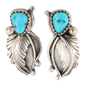 Vintage Navajo Sterling Turquoise Leaf Stud Earrings