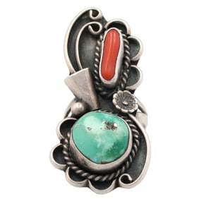 Signed Navajo Sterling Coral Turquoise Blossom Ring Sz. 5.75
