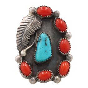 Signed Navajo Sterling Coral Turquoise Ring Sz. 6.25