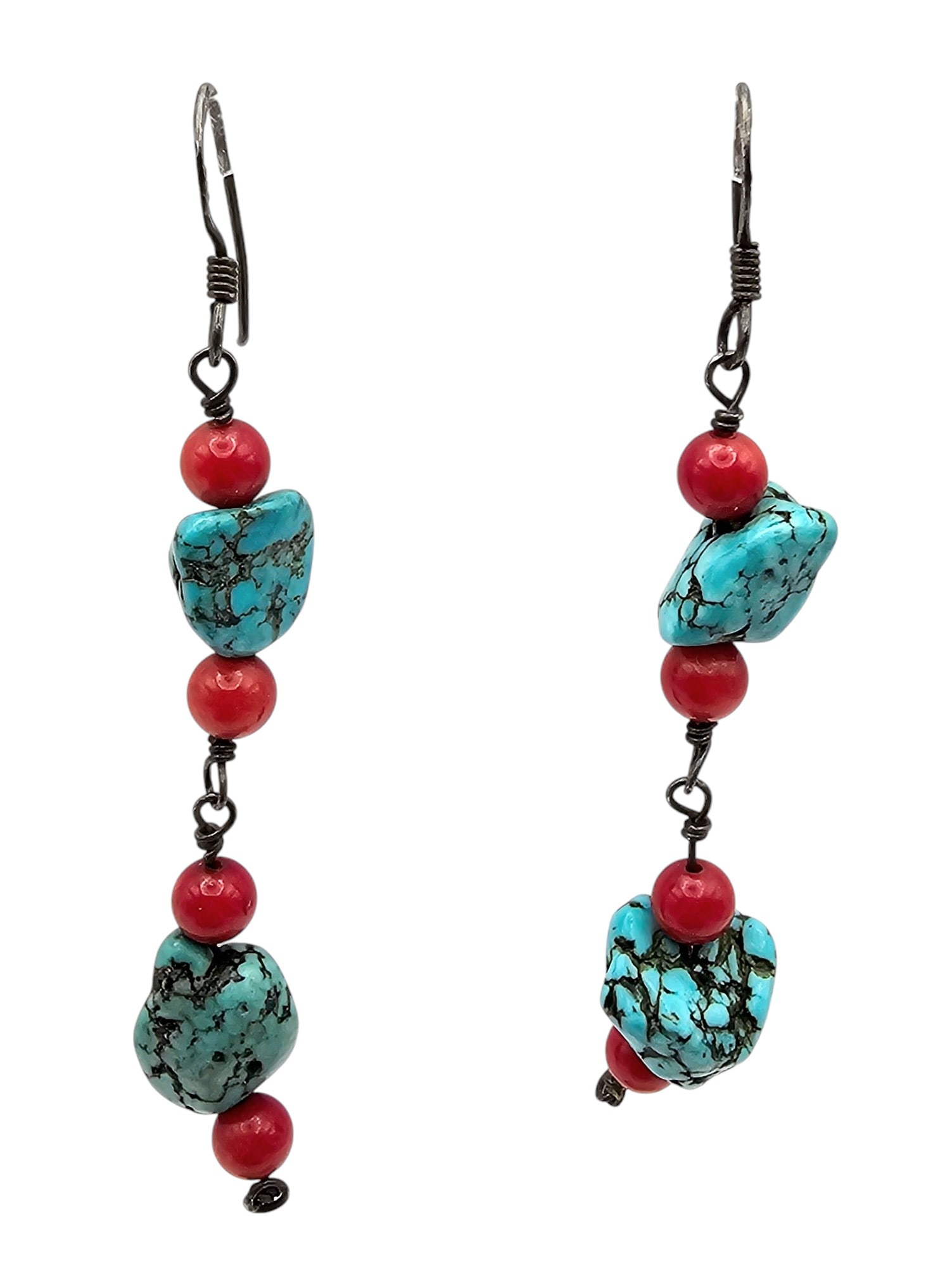 Navajo Chunk Turquoise Coral Bead Sterling Hook Dangle Earrings (1 of 3)