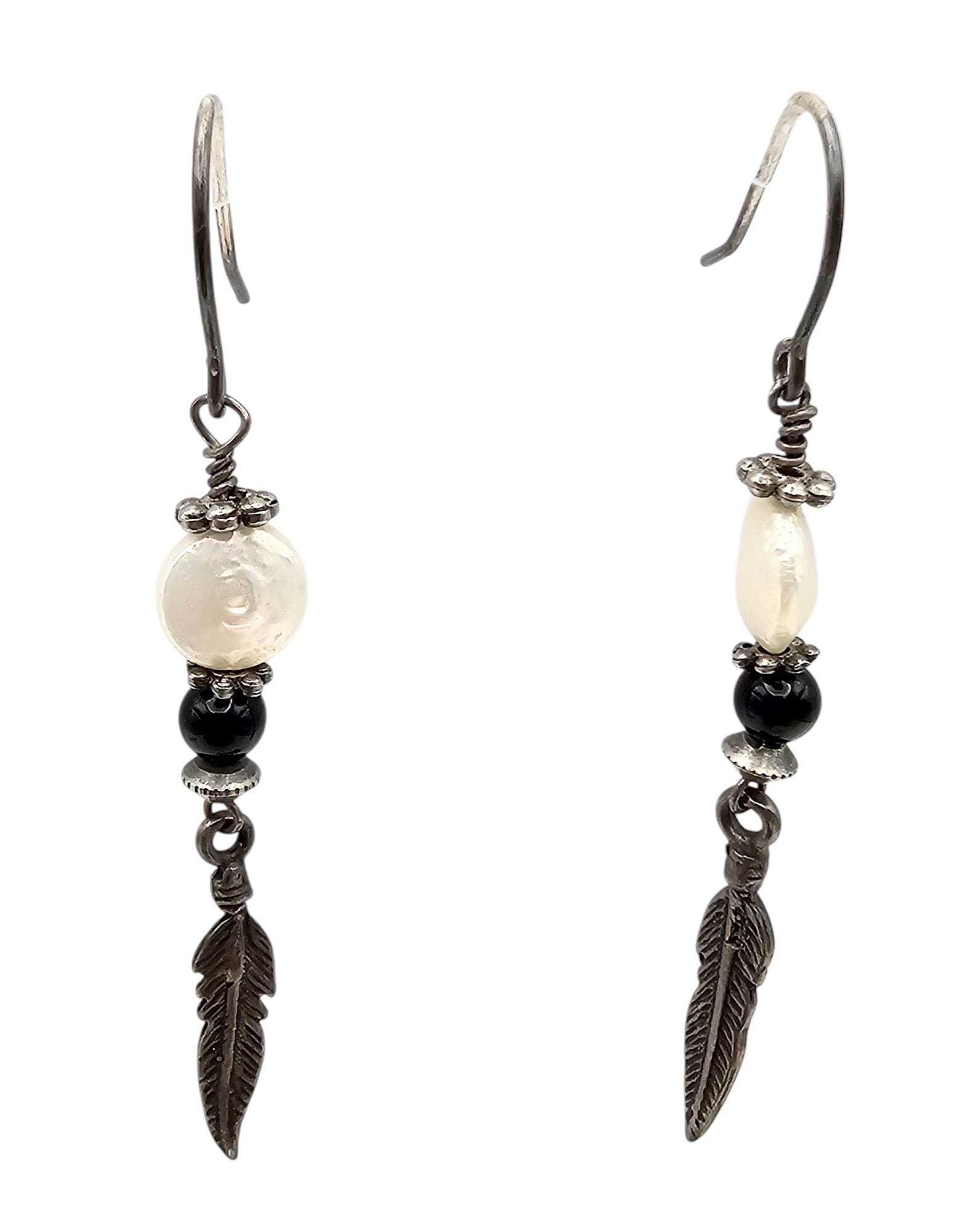 Vintage Native American Pearl Onyx Sterling Feather Dangle Earrings (1 of 3)