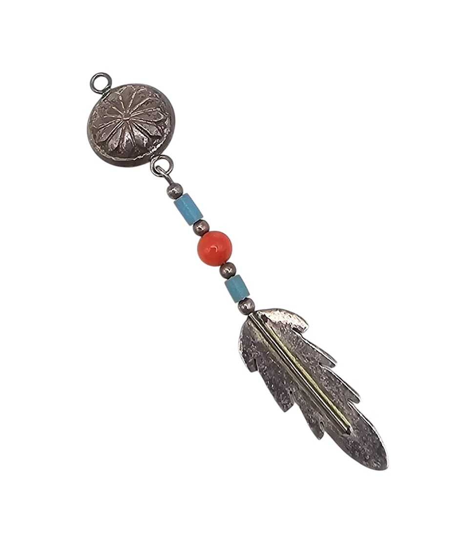 Signed JC Sterling Concho Feather Pendant: Signed JC Turquoise Coral Sterling Concho Feather Pendant 1g
