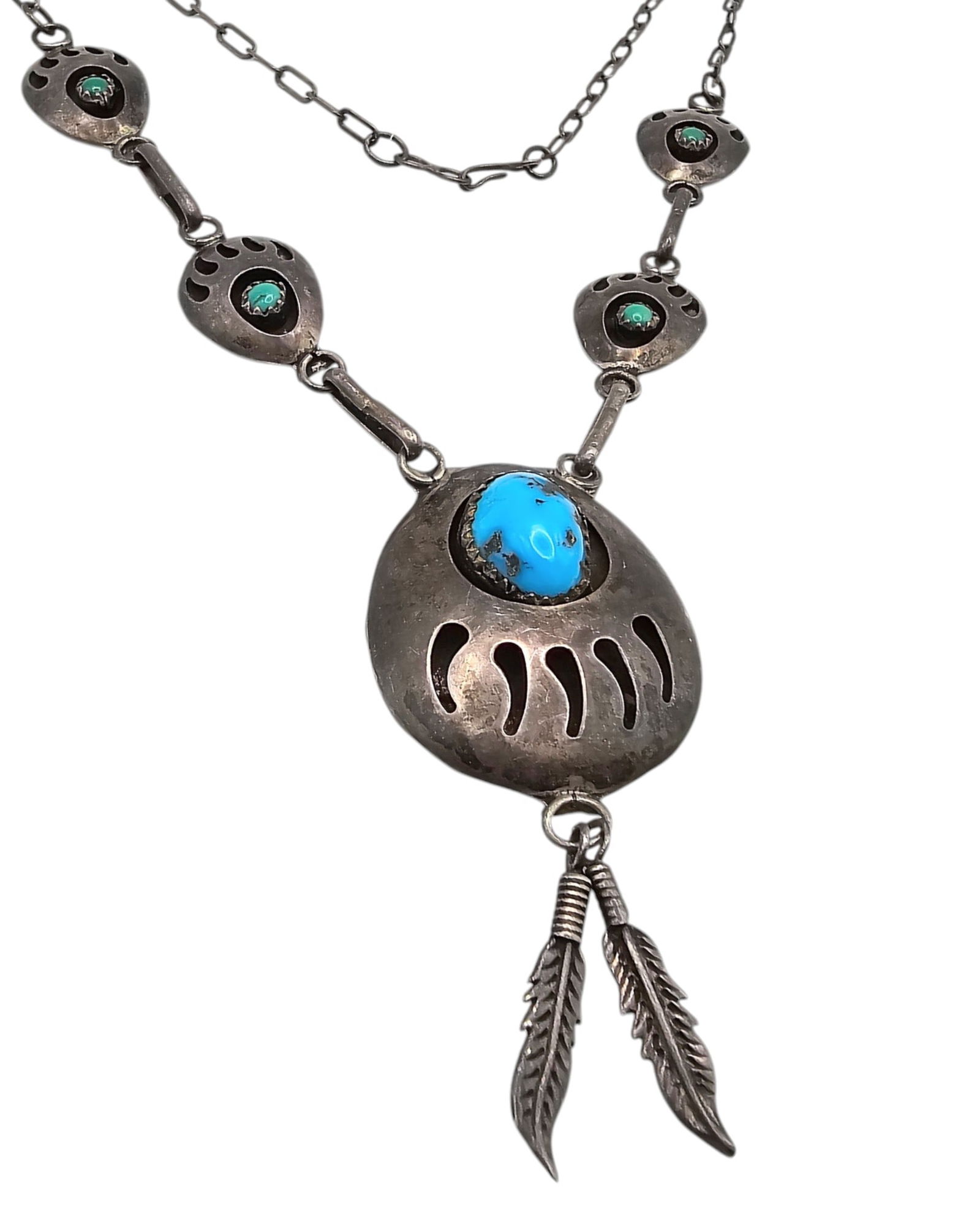 Vintage Navajo Turquoise Sterling Bear Paw Shadow Box Necklace (1 of 4)