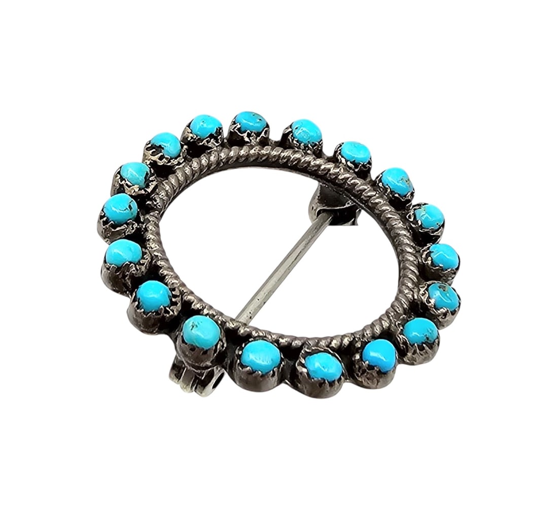 Vintage Zuni Snake Eye Turquoise Sterling Circle Brooch: Vintage Zuni Snake Eye Turquoise Sterling Circle Brooch 2g