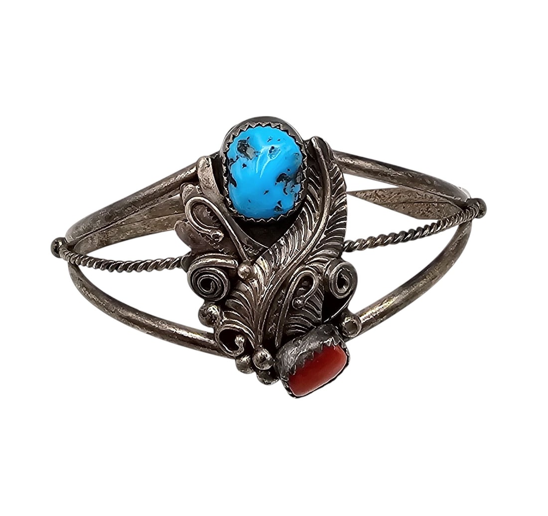Alex Becenti Navajo Coral Turquoise Sterling Cuff Bracelet: Alex Becenti Navajo Coral Turquoise Sterling Cuff Bracelet 15g