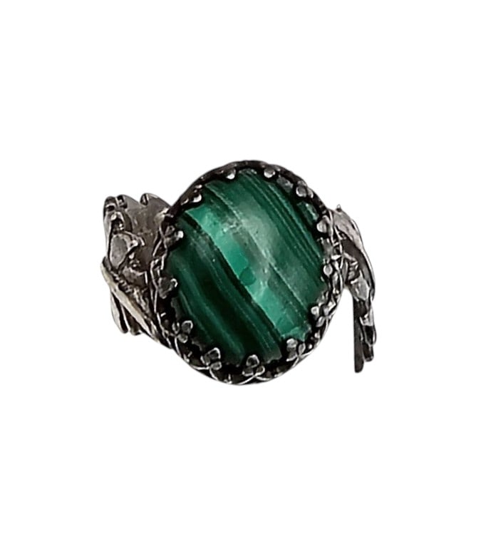 Signed PC Malachite Sterling Feather Ring Sz 3.5 (1 of 4)