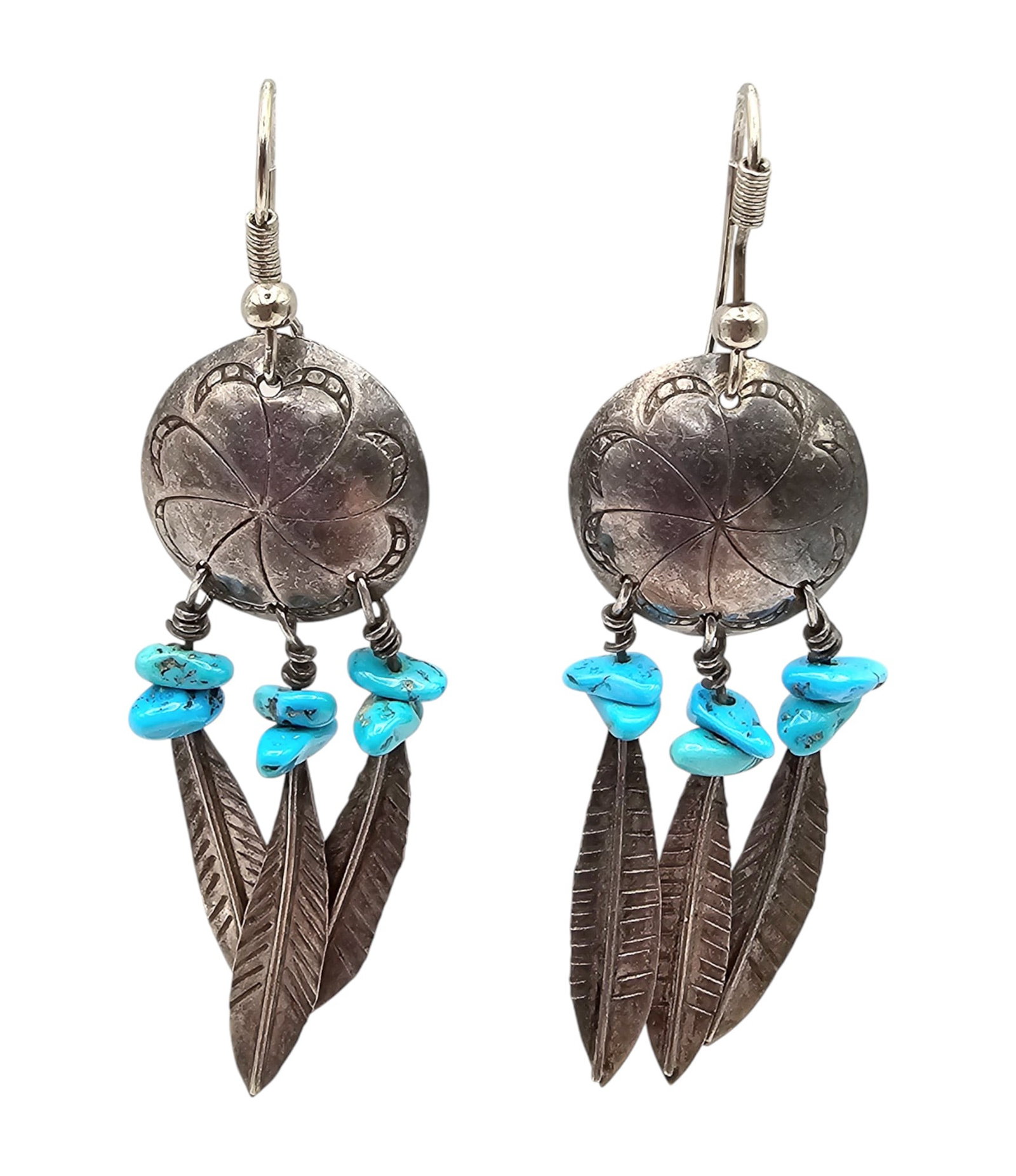 Vintage Navajo Turquoise Sterling Concho Feather Dangle Earrings: Vintage Navajo Turquoise Sterling Concho Feather Dangle Earrings 7g