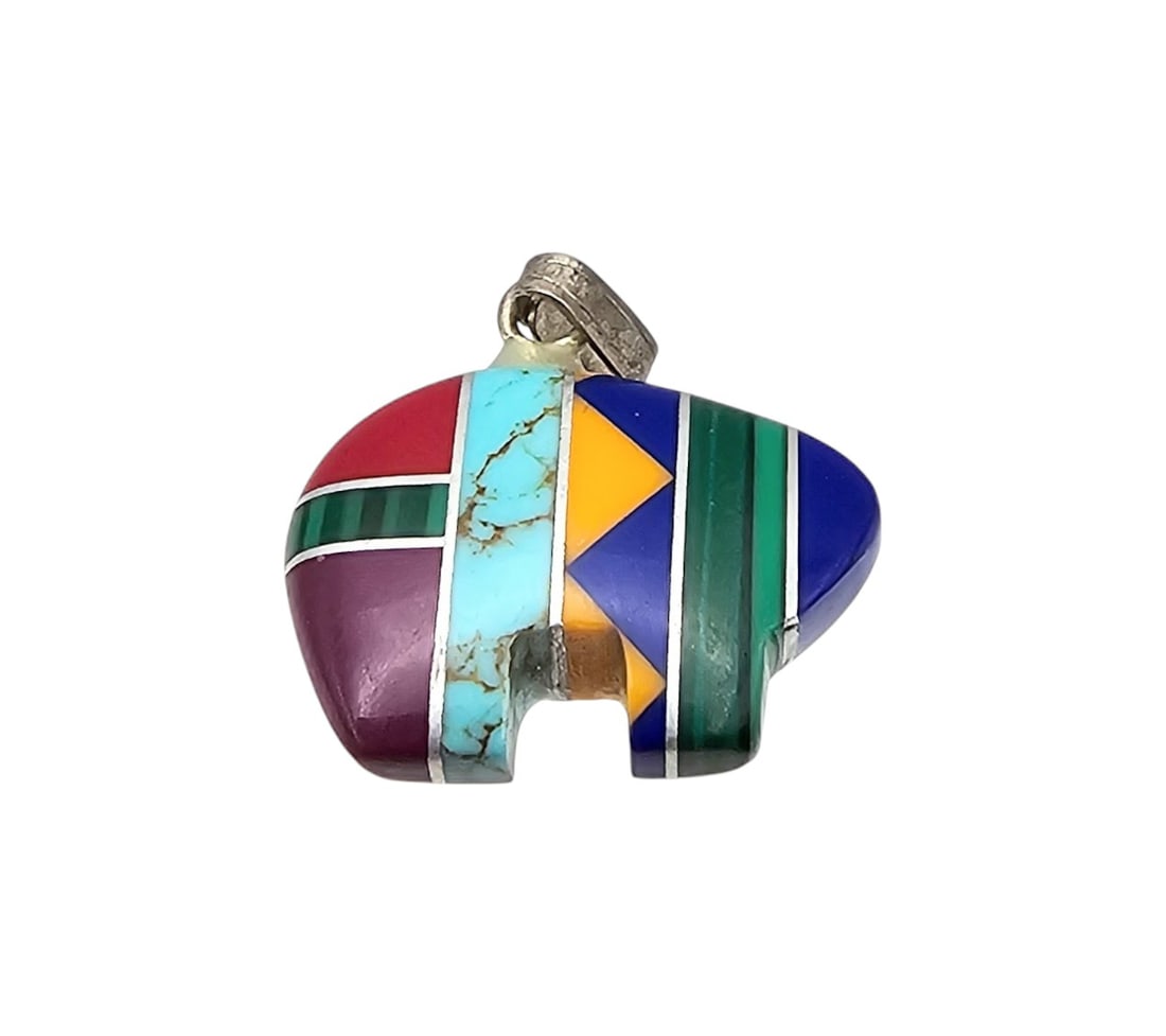 Navajo Coral Malachite Lapis Turquoise Sterling Inlay Bear Fetish Pendant: Navajo Coral Malachite Lapis Turquoise Sterling Inlay Bear Fetish Pendant 2g