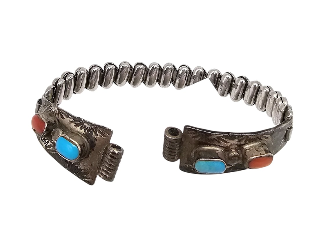 Signed Native American Coral Turquoise Sterling Watch Nibs on Band: Signed Native American Coral Turquoise Sterling Watch Nibs on Band 11g -Signature May Be "SL" or "LS"