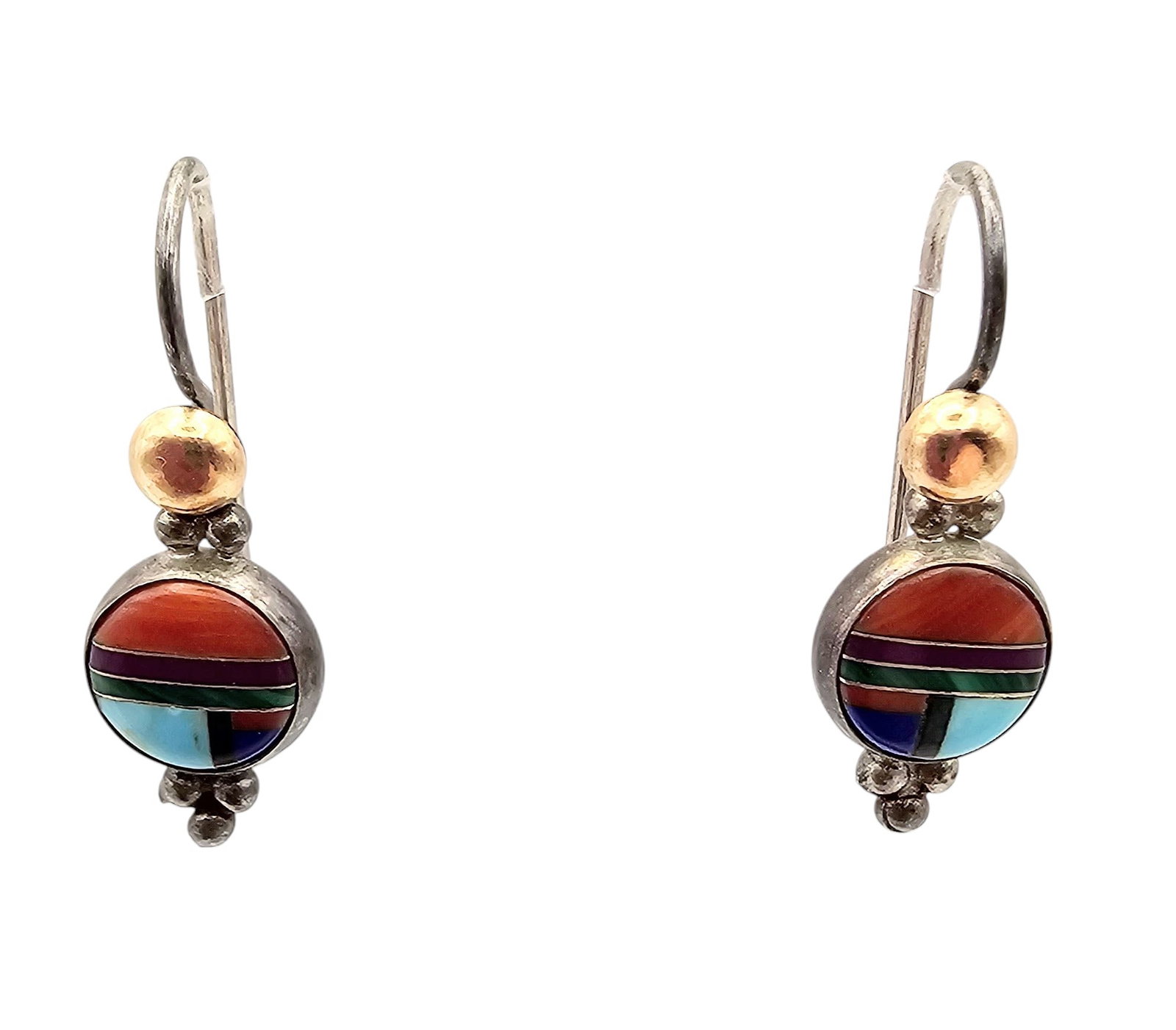Vintage Navajo Sterling Inlay dangle Earrings: Vintage Navajo Sterling Inlay dangle Earrings 2g -Coral, Turquoise, Lapis, Malachite, Onyx, Stabilized Purple Stone