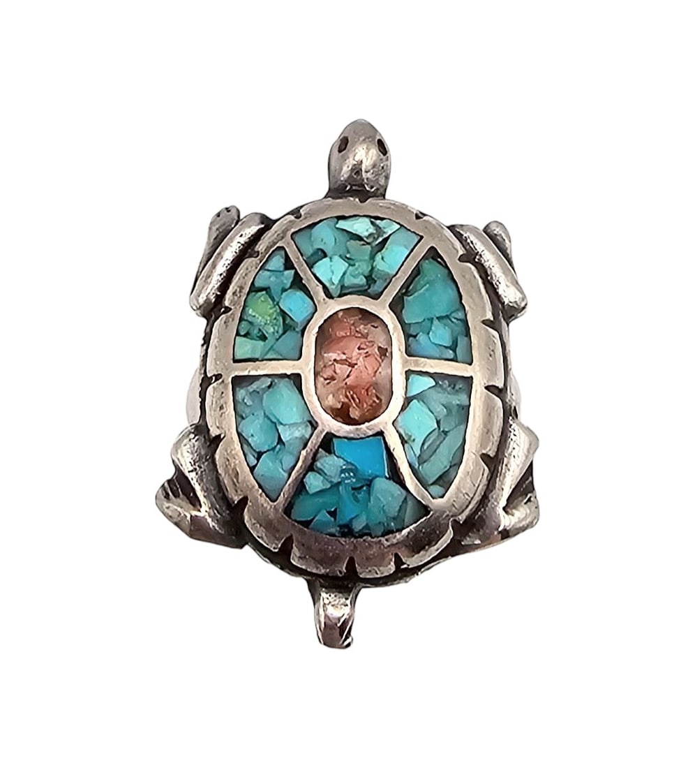 Vintage Navajo Crushed Turquoise Coral Sterling Inlay Turtle Ring Sz 6.5 (1 of 4)