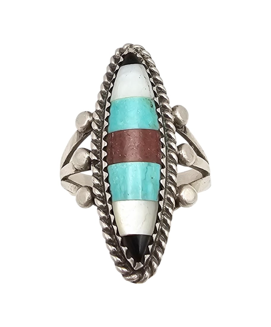 Vintage Navajo Ony Mother of Pearl Turquoise Agate Sterling Inlay Ring Sz 7.25 (1 of 4)