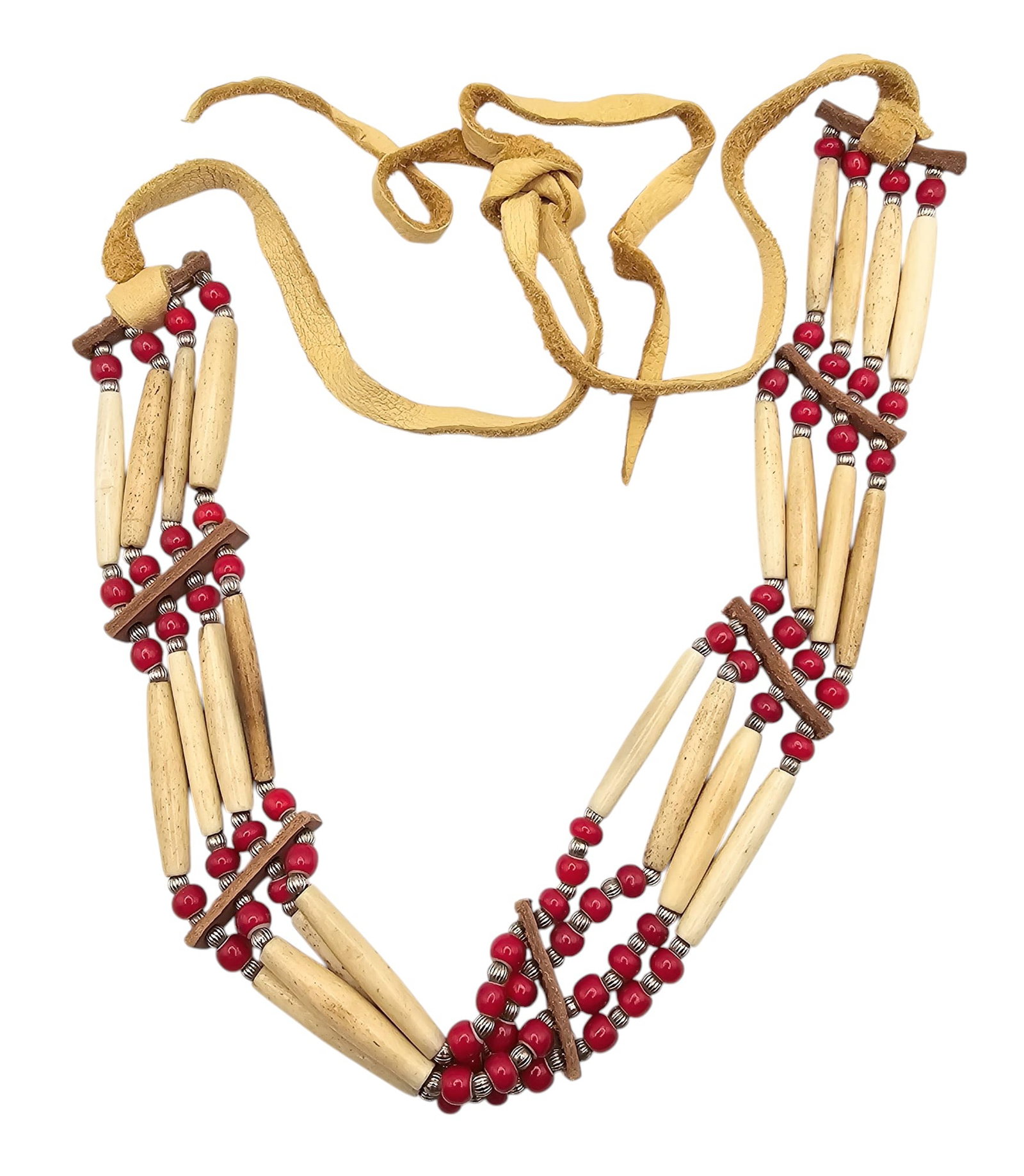 Navajo Bone Red Bead Leather Necklace: Navajo Bone Red Bead Leather Necklace 80.5g