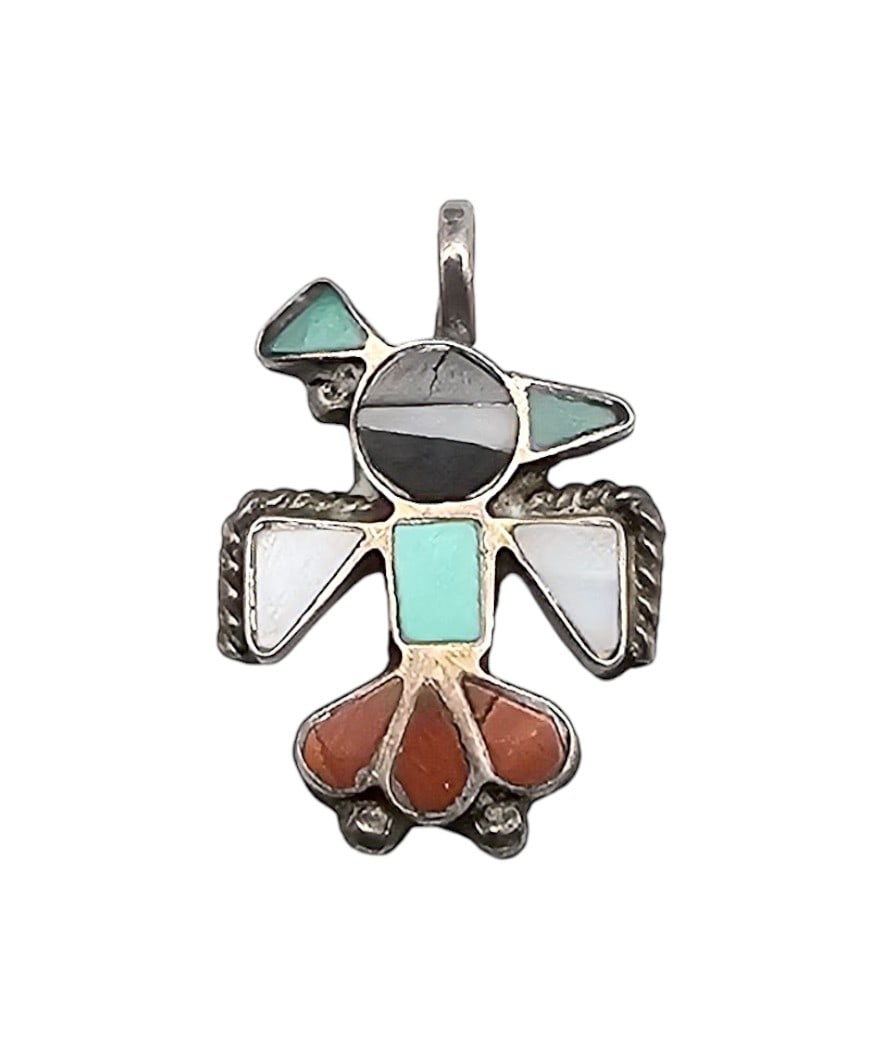 Vintage Zuni Coral Turquoise Onyx Mother of Pearl Sterling Inlay Thunderbird Pendant: Vintage Zuni Coral Turquoise Onyx Mother of Pearl Sterling Inlay Thunderbird Pendant 2g