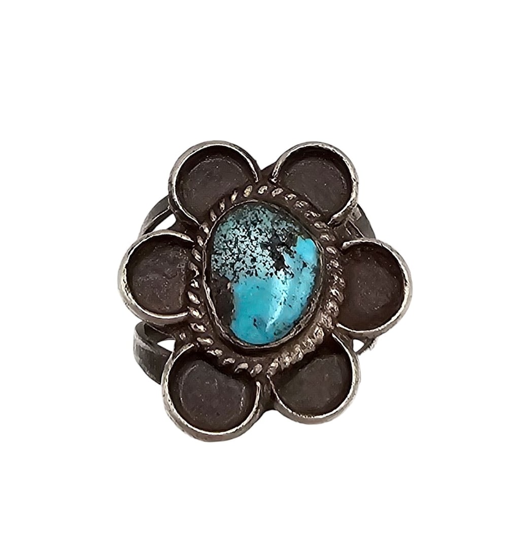 Vintage Navajo Turquoise Sterling Flower Ring Sz 6.25 (1 of 4)