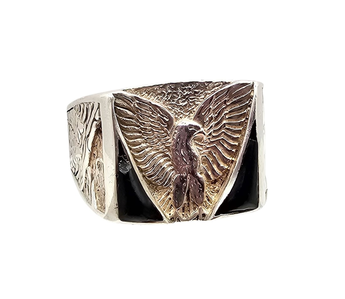 Silver Cloud Inc Albuquerque Onyx Sterling Eagle Mens Ring Sz 14 (1 of 4)