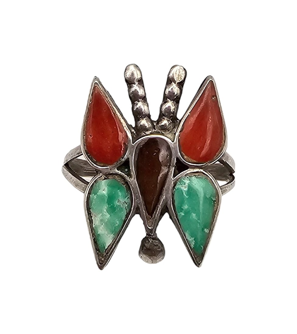 Vintage Southwestern Turquoise Coral Sterling Silver Butterfly Ring Size 5.75 (1 of 4)