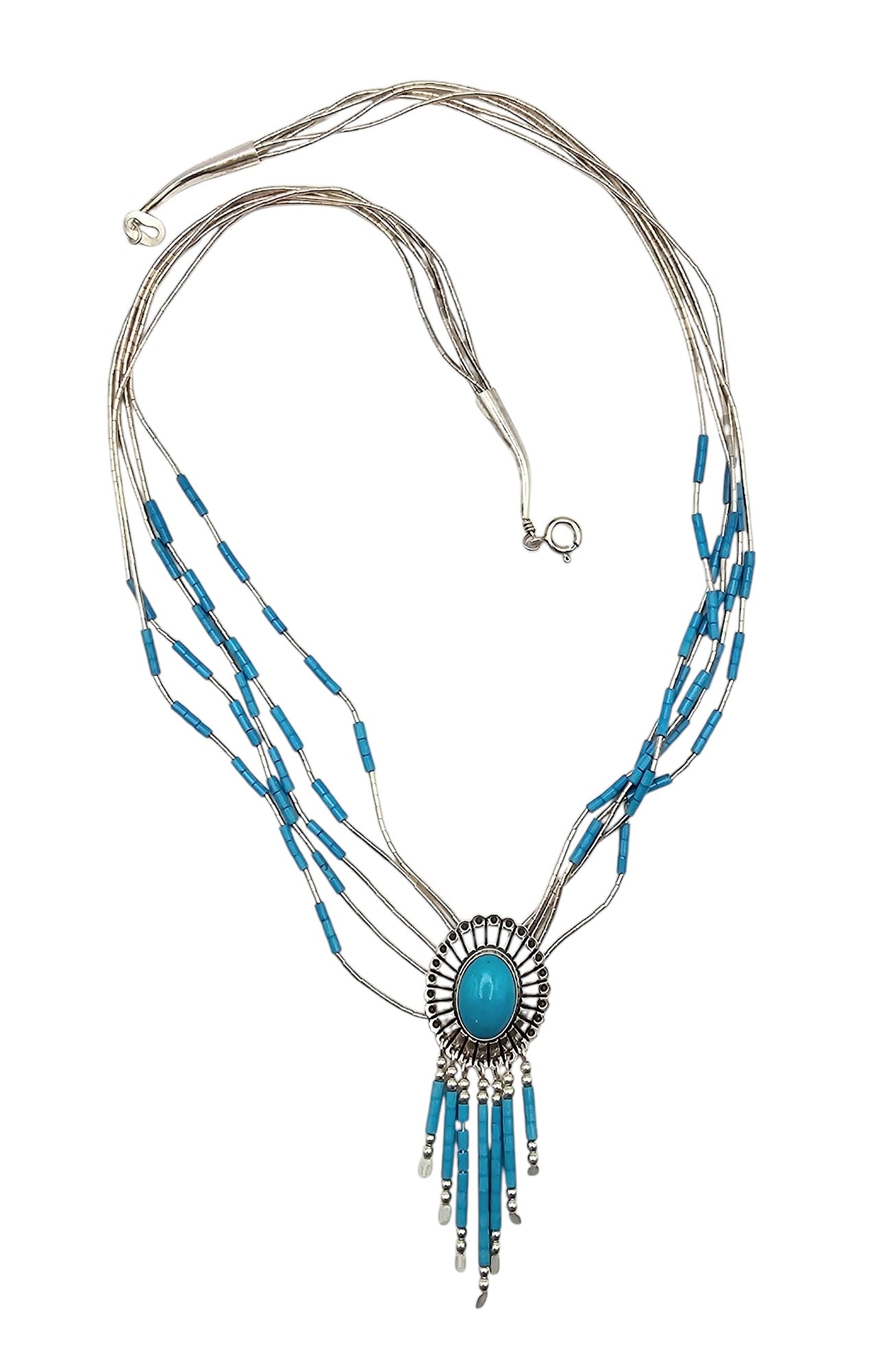 Southwestern Turquoise Liquid Silver Sterling Silver Multi Strand Fringe Dangle Necklace (1 of 4)