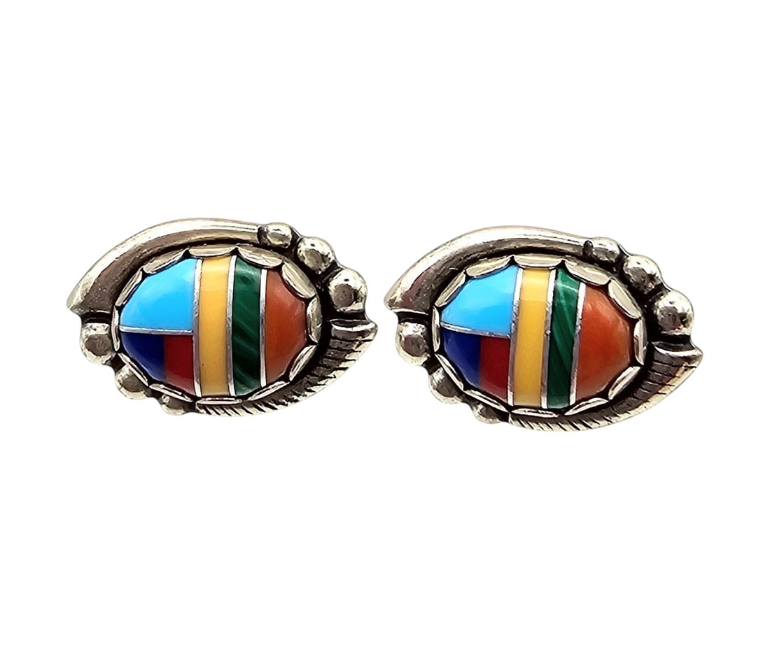 Wheeler Manufacturing Co Malachite Turquoise Coral Lapis Sterling Silver Inlay Earrings: Wheeler Manufacturing Co Malachite Turquoise Coral Lapis Sterling Silver Inlay Earrings 2.7 G