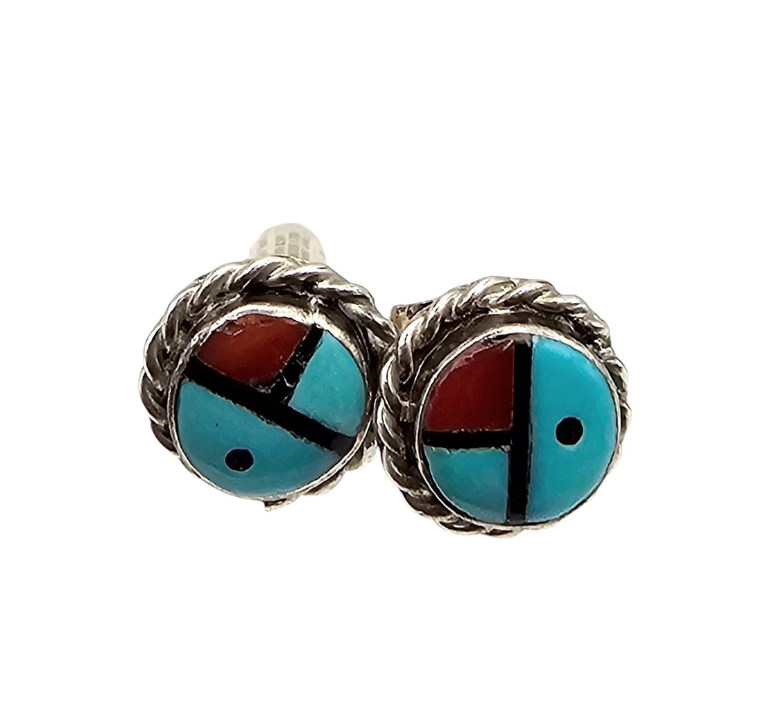 Zuni Turquoise Coral Onyx Sterling Silver Inlay Earrings: Zuni Turquoise Coral Onyx Sterling Silver Inlay Earrings 0.9 G