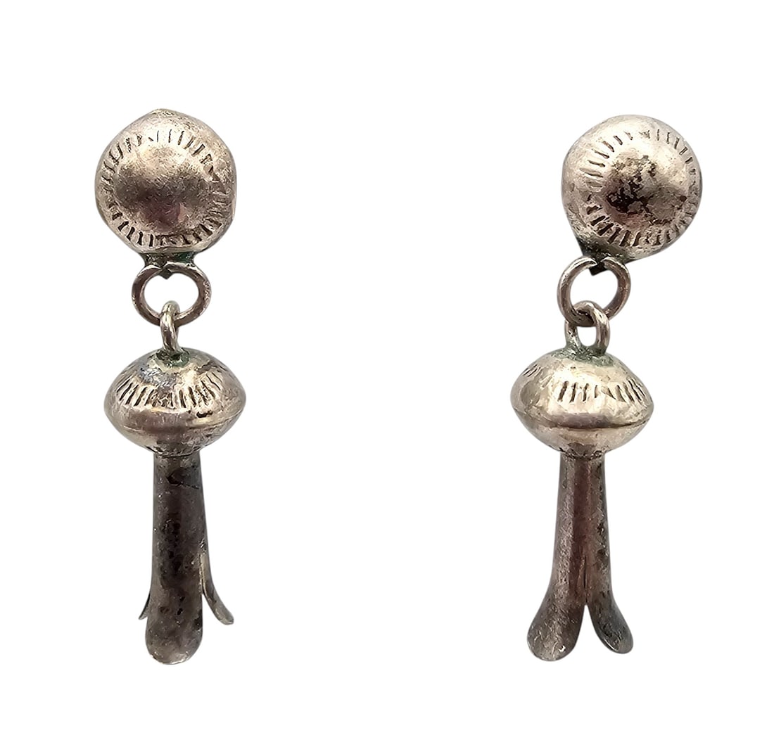 Vintage Navajo Sterling Silver Squash Blossom Drop Dangle Earrings (1 of 3)
