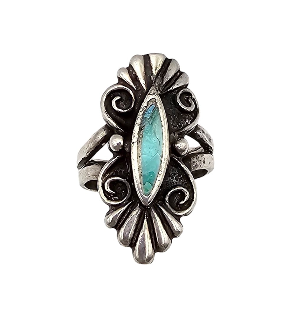Native Turquoise Sterling Silver Long Oval Ring Size 5.75 (1 of 4)