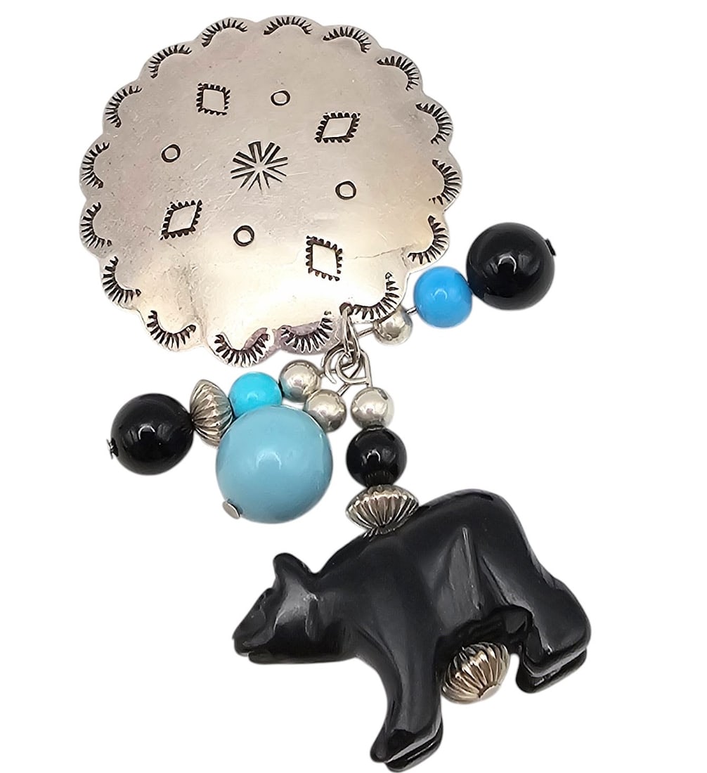 Julia Etsitty Onyx Turquoise Sterling Silver Fetish Bear Bead Brooch Pendant: Julia Etsitty Onyx Turquoise Sterling Silver Fetish Bear Bead Brooch Pendant 13 G