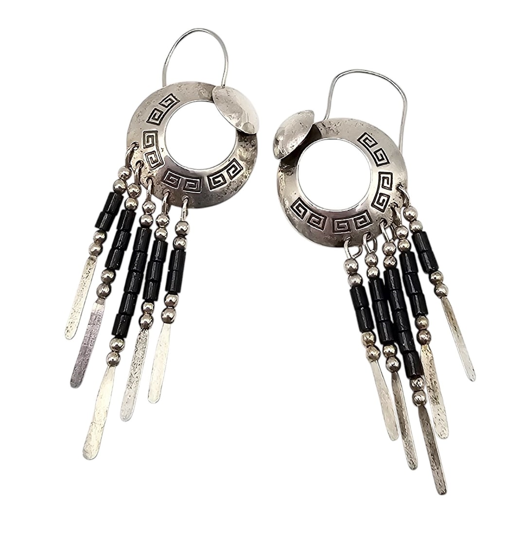 Signed TK Southwestern Onyx Sterling Silver Stamp Work Fringe Drop Dangle Earrings (1 of 4)