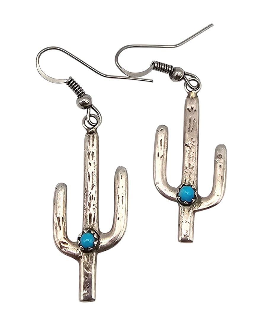 Southwestern Turquoise Sterling Silver Snake Eye Cactus Drop Dangle Earrings (1 of 4)