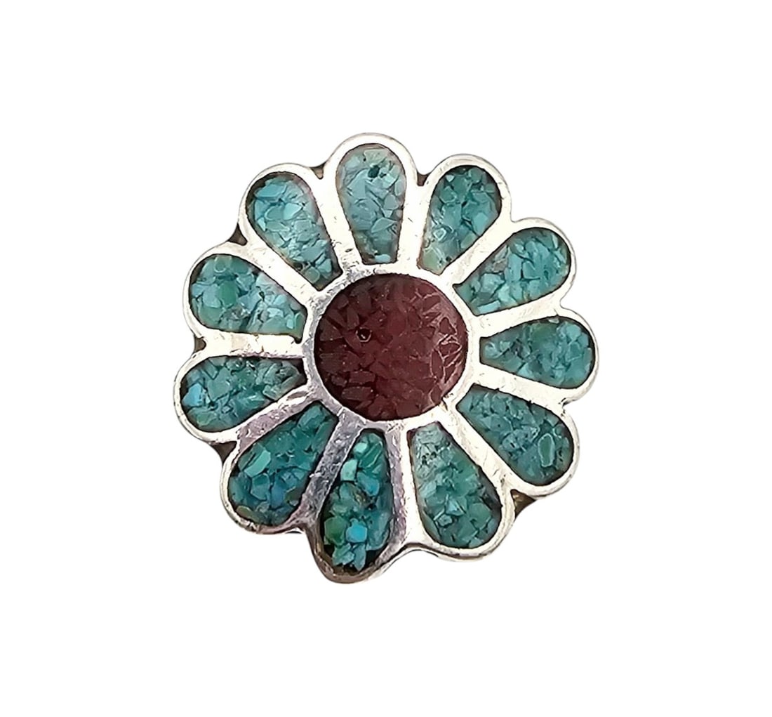 Southwestern Crushed Turquoise Coral Sterling Silver Flower Ring Size 5: Southwestern Crushed Turquoise Coral Sterling Silver Flower Ring Size 5 6.2 G
