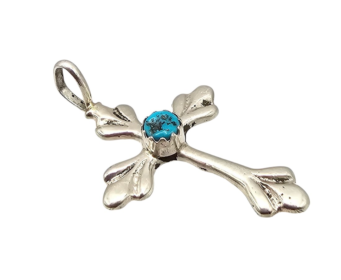 Signed IN Native Turquoise Sterling Silver Cross Pendant (1 of 4)