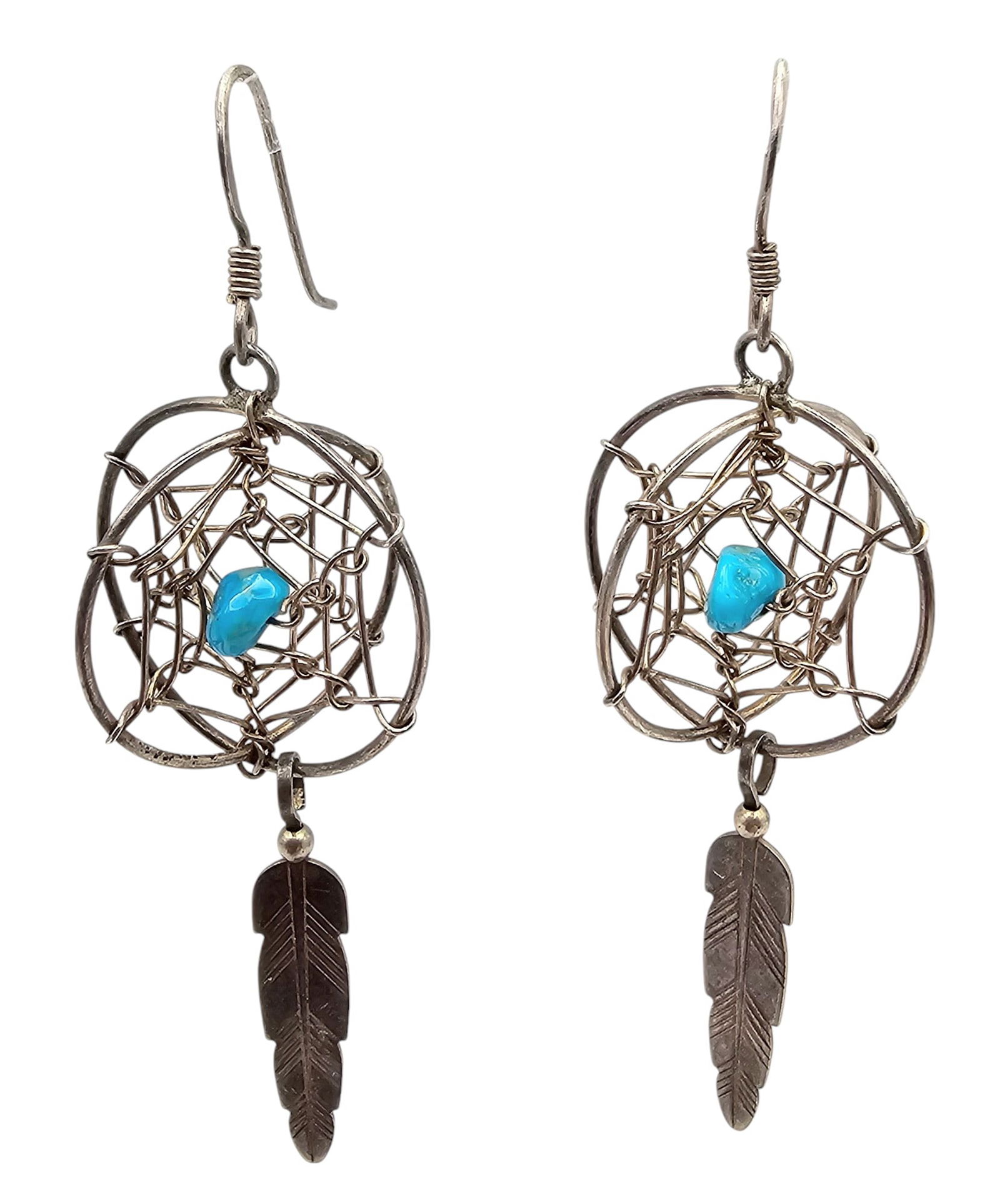 Southwestern Turquoise Sterling Silver Feather Dream Catcher Drop Dangle Earrings (1 of 3)