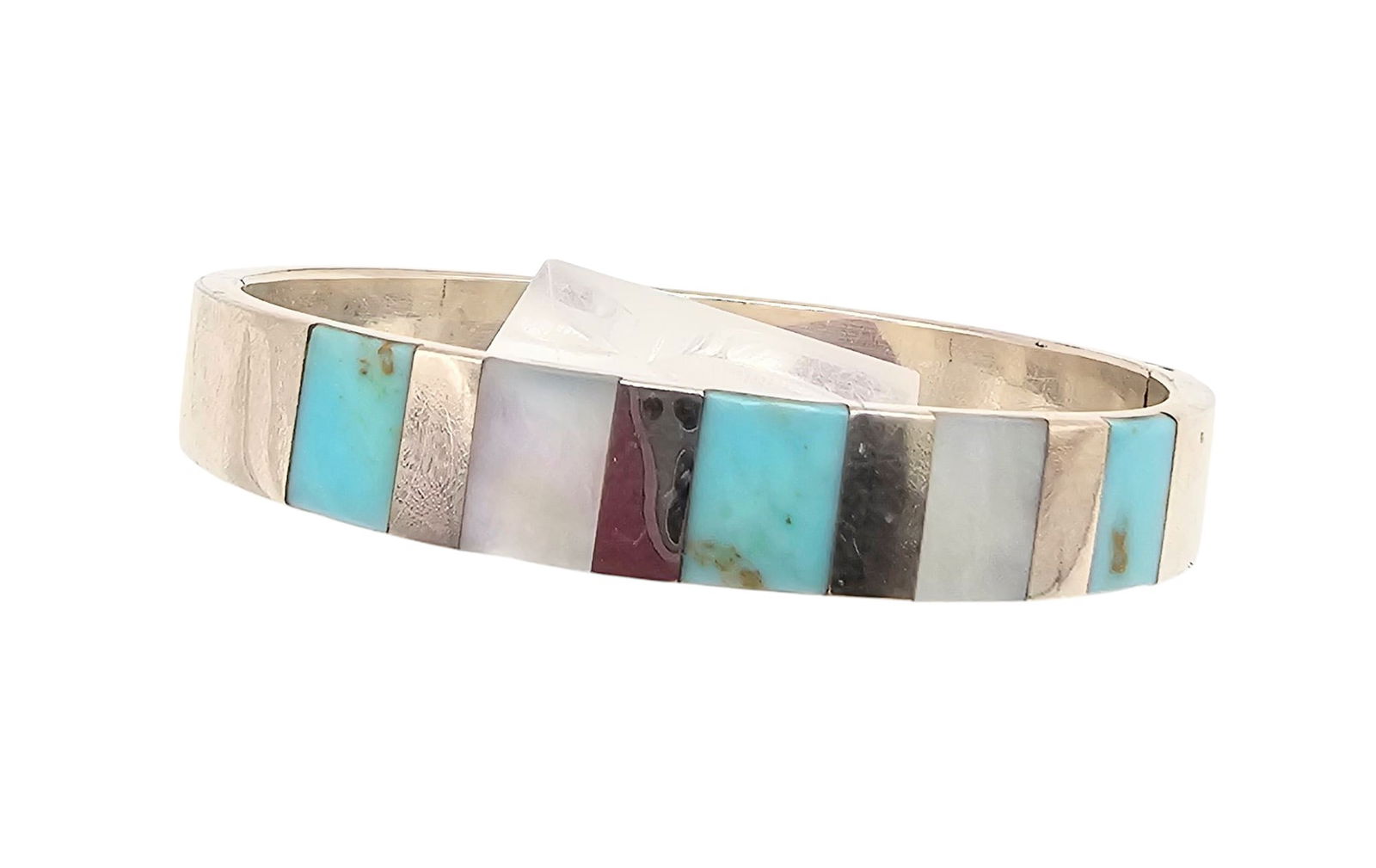 Southwestern Mother Of Pearl Turquoise Sterling Silver Hinge Bangle Bracelet (1 of 4)