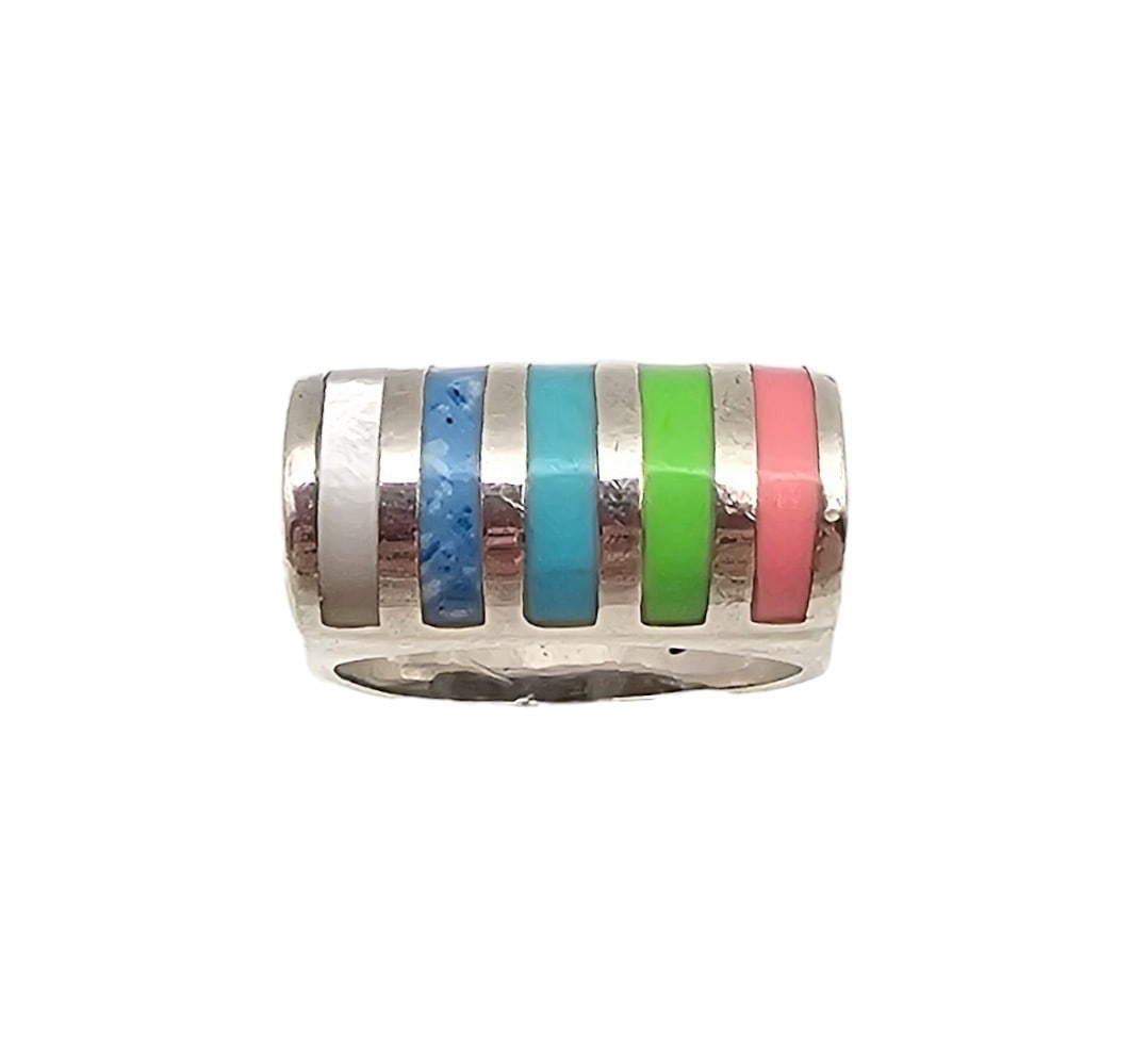 Southwestern Multi Stone Sterling Silver Inlay Ring Size 6.25 (1 of 4)