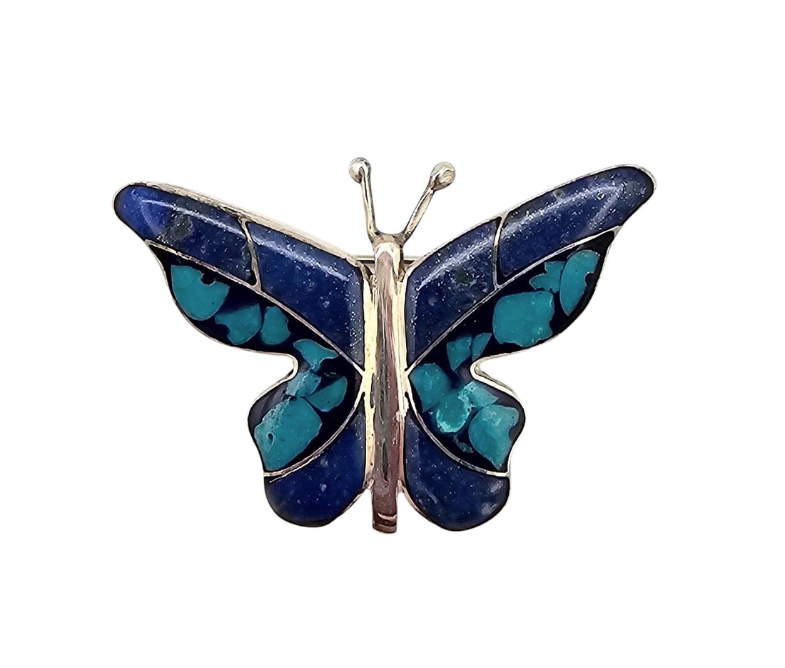 Southwestern Turquoise Lapis Sterling Silver Butterfly Brooch (1 of 4)