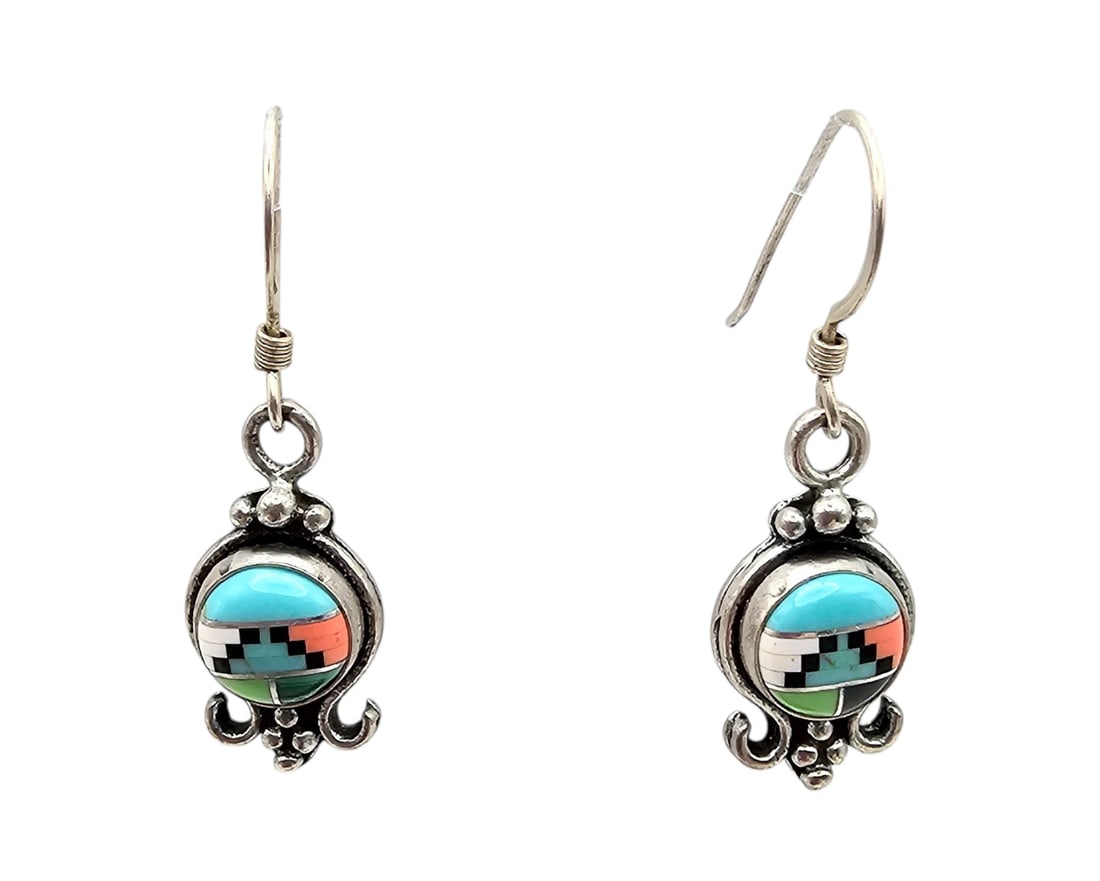 Southwestern Multi Stone Sterling Silver Inlay Drop Dangle Earrings (1 of 4)